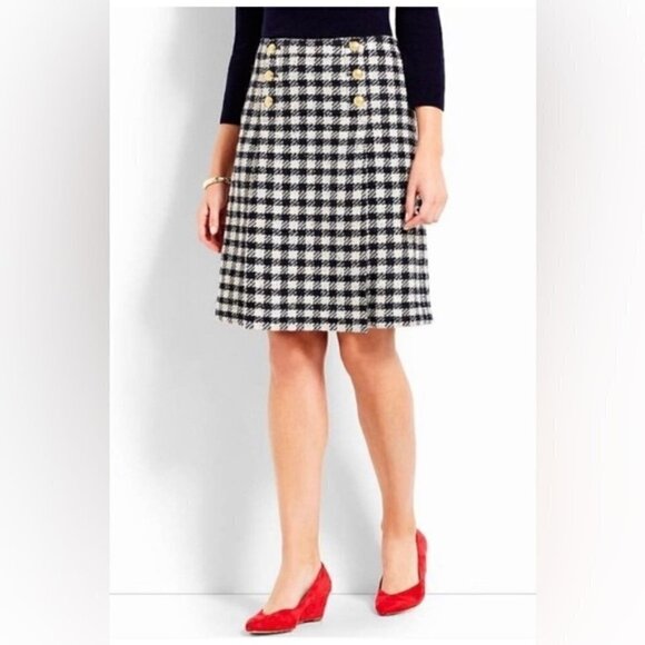 Talbots Black and Cream Houndstooth Plaid Wool Gold Button A-Line Skirt Size 12 - Picture 2 of 11